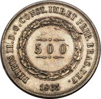 obverse of 500 Réis - Pedro II (1853 - 1867) coin with KM# 464 from Brazil. Inscription: PETRUS II.D.G.CONST.IMP.ET PERP. BRAS.DEF. 500 1863