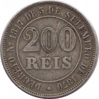 Brazil coin 200 Réis - Pedro II (1871 - 1884) reverse reverse of 200 Réis - Pedro II (1871 - 1884) coin with KM# 478 from Brazil. Inscription: DECRETO N°1817 DE 3 DE SETEMBRO DE 1870 200 RÉIS