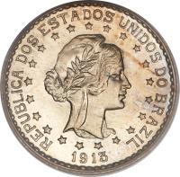 obverse of 500 Réis (1913) coin with KM# 512 from Brazil. Inscription: REPUBLICA DOS ESTADOS UNIDOS DO BRAZIL 1913
