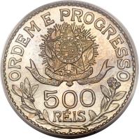 reverse of 500 Réis (1913) coin with KM# 512 from Brazil. Inscription: ORDEM E PROGRESSO ESTADOS UNIDOS DO BRAZIL 15 DE NOVEMBRO DE 1889 500 RÉIS A