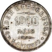 reverse of 1000 Réis (1906 - 1912) coin with KM# 507 from Brazil. Inscription: ORDEM E PROGRESSO 1000 RÉIS * X GRAMMAS *