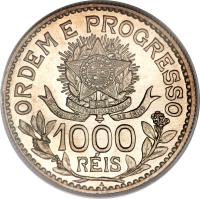 reverse of 1000 Réis (1913) coin with KM# 513 from Brazil. Inscription: ORDEM E PROGRESSO ESTADOS UNIDOS DO BRAZIL 15 DE NOVEMBRO DE 1889 1000 RÉIS A