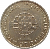 Angola coin 10 Escudos (1969 - 1970) reverse reverse of 10 Escudos (1969 - 1970) coin with KM# 79 from Angola. Inscription: REPÚBLICA · PORTUGUESA 1970