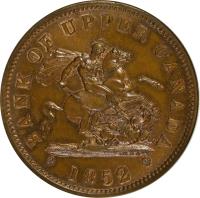 Canadian provinces coin 1 Penny - Bank of Upper Canada Token (1850 - 1857) obverse obverse of 1 Penny - Bank of Upper Canada Token (1850 - 1857) coin with BR# 719 from Canadian provinces. Inscription: BANK OF UPPER CANADA 1852