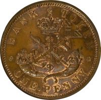 Canadian provinces coin 1 Penny - Bank of Upper Canada Token (1850 - 1857) reverse reverse of 1 Penny - Bank of Upper Canada Token (1850 - 1857) coin with BR# 719 from Canadian provinces. Inscription: BANK TOKEN ONE.PENNY