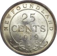 Canadian provinces coin 25 Cents - George V (1917 - 1919) reverse reverse of 25 Cents - George V (1917 - 1919) coin with KM# 17 from Canadian provinces. Inscription: NEWFOUNDLAND 25 CENTS 1919 C