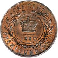 reverse of 1 Cent - Victoria (1865 - 1896) coin with KM# 1 from Canadian provinces. Inscription: ONE CENT 1880 NEWFOUNDLAND