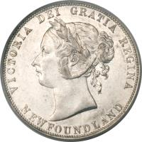 obverse of 50 Cents - Victoria (1870 - 1900) coin with KM# 6 from Canadian provinces. Inscription: VICTORIA DEI GRATIA REGINA NEWFOUNDLAND