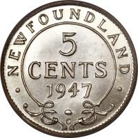 Canadian provinces coin 5 Cents - George VI (1944 - 1947) reverse reverse of 5 Cents - George VI (1944 - 1947) coin with KM# 19a from Canadian provinces. Inscription: · NEWFOUNDLAND · 5 CENTS 1947 C