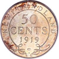 reverse of 50 Cents - George V (1911 - 1919) coin with KM# 12 from Canadian provinces. Inscription: NEWFOUNDLAND 50 CENTS 1919 C