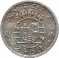 obverse of 2,50 Escudos (1953 - 1974) coin with KM# 77 from Angola. Inscription: ANGOLA 2$50