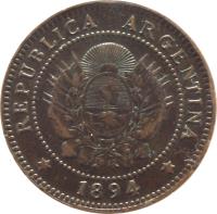 obverse of 1 Centavo (1882 - 1896) coin with KM# 32 from Argentina. Inscription: * REPUBLICA ARGENTINA * 1894