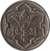 obverse of 5 Pfennige (1923 - 1928) coin with KM# 142 from Danzig. Inscription: 1923