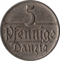 reverse of 5 Pfennige (1923 - 1928) coin with KM# 142 from Danzig. Inscription: 5 Pfennige Danzig