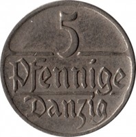 Danzig coin 5 Pfennige (1923 - 1928) reverse reverse of 5 Pfennige (1923 - 1928) coin with KM# 142 from Danzig. Inscription: 5 Pfennige Danzig