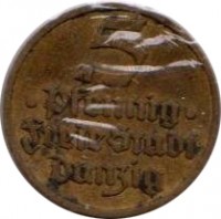 reverse of 5 Pfennig (1932) coin with KM# 151 from Danzig. Inscription: 5 Pfennig Freie Stadt Danzig