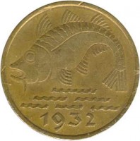 obverse of 10 Pfennig (1932) coin with KM# 152 from Danzig. Inscription: 1932