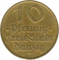 reverse of 10 Pfennig (1932) coin with KM# 152 from Danzig. Inscription: 10 Pfennig Freie Stadt Danzig