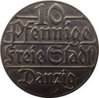 reverse of 10 Pfennige (1923) coin with KM# 143 from Danzig. Inscription: 10 Pfennige Freie Stadt Danzig