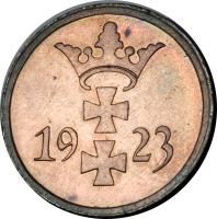Danzig coin 1 Pfennig (1923 - 1937) obverse obverse of 1 Pfennig (1923 - 1937) coin with KM# 140 from Danzig. Inscription: 1923