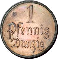 Danzig coin 1 Pfennig (1923 - 1937) reverse reverse of 1 Pfennig (1923 - 1937) coin with KM# 140 from Danzig. Inscription: 1 Pfennig Danzig
