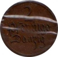 reverse of 2 Pfennige (1923 - 1937) coin with KM# 141 from Danzig. Inscription: 2 Pfennige Danzig