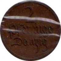 Danzig coin 2 Pfennige (1923 - 1937) reverse reverse of 2 Pfennige (1923 - 1937) coin with KM# 141 from Danzig. Inscription: 2 Pfennige Danzig