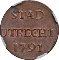 Dutch Republic coin 1 Duit (1739 - 1793) reverse reverse of 1 Duit (1739 - 1793) coin with KM# 91 from Dutch Republic. Inscription: STAD UTRECHT 1788