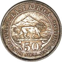 British East Africa coin 50 Cents - George V (1921 - 1924) reverse reverse of 50 Cents - George V (1921 - 1924) coin with KM# 20 from British East Africa. Inscription: EAST AFRICA 50 FIFTY CENTS 1922 HALF SHILLING