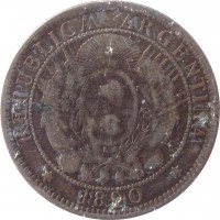 Argentina coin 2 Centavos (1882 - 1896) obverse obverse of 2 Centavos (1882 - 1896) coin with KM# 33 from Argentina. Inscription: * REPUBLICA ARGENTINA * 1890