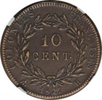French colonies coin 10 Centimes - Charles X (1825 - 1829) reverse reverse of 10 Centimes - Charles X (1825 - 1829) coin with KM# 11 from French colonies. Inscription: COLONIES FRANÇAISES 10 CENT · 1827