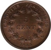 French colonies coin 5 Centimes - Louis Philippe I (1839 - 1844) reverse reverse of 5 Centimes - Louis Philippe I (1839 - 1844) coin with KM# 12 from French colonies. Inscription: COLONIES FRANÇAISES 5 CENT. A 1844
