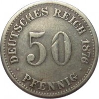 reverse of 50 Pfennig - Wilhelm I - Small eagle (1875 - 1877) coin with KM# 6 from Germany. Inscription: DEUTSCHES REICH 1876 50 PFENNIG