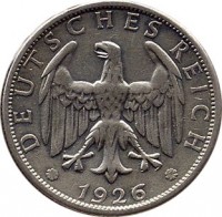 obverse of 2 Reichsmark (1925 - 1931) coin with KM# 45 from Germany. Inscription: DEUTSCHES REICH 1925