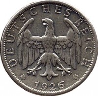 Germany coin 2 Reichsmark (1925 - 1931) obverse obverse of 2 Reichsmark (1925 - 1931) coin with KM# 45 from Germany. Inscription: DEUTSCHES REICH 1925