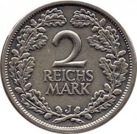 Germany coin 2 Reichsmark (1925 - 1931) reverse reverse of 2 Reichsmark (1925 - 1931) coin with KM# 45 from Germany. Inscription: 2 REICHS MARK J