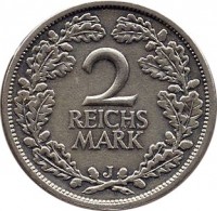 reverse of 2 Reichsmark (1925 - 1931) coin with KM# 45 from Germany. Inscription: 2 REICHS MARK J