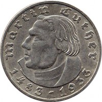 Germany coin 2 Reichsmark - Martin Luther (1933) reverse reverse of 2 Reichsmark - Martin Luther (1933) coin with KM# 79 from Germany. Inscription: Martin Luther 1483 - 1933