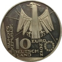 Germany coin 10 Euro - Deutsche Nationalbibliothek (2012) obverse obverse of 10 Euro - Deutsche Nationalbibliothek (2012) coin with KM# 311 from Germany. Inscription: BUNDES REPUBLIK 10 EURO D 2012 DEUTSCH LAND
