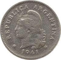 obverse of 10 Centavos (1896 - 1942) coin with KM# 35 from Argentina. Inscription: * REPÚBLICA ARGENTINA * 1941