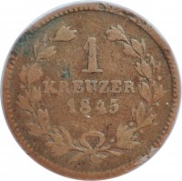 reverse of 1 Kreuzer - Leopold (1845 - 1852) coin with KM# 218 from German States. Inscription: 1 KREUZER 1845