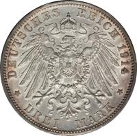 German States coin 3 Mark - Friedrich II (1908 - 1915) reverse reverse of 3 Mark - Friedrich II (1908 - 1915) coin with KM# 280 from German States. Inscription: DEUTSCHES REICH 1914 * DREI MARK *