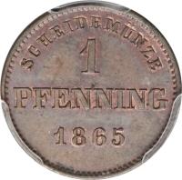 reverse of 1 Pfenning - Maximilian II (1858 - 1871) coin with KM# 856 from German States. Inscription: SCHEIDEMÜNZE 1 PFENNING 1865