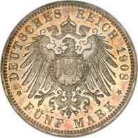 German States coin 5 Mark - Otto (1891 - 1913) reverse reverse of 5 Mark - Otto (1891 - 1913) coin with KM# 915 from German States. Inscription: DEUTSCHES REICH 1908 * F · NF MARK *