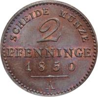 German States coin 2 Pfenninge - Friedrich Wilhelm IV (1846 - 1860) reverse reverse of 2 Pfenninge - Friedrich Wilhelm IV (1846 - 1860) coin with KM# 452 from German States. Inscription: SCHEIDE MÜNZE 2 PFENNINGE 1850 A