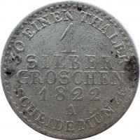 reverse of 1 Silber Groschen - Friedrich Wilhelm III (1821 - 1840) coin with KM# 410 from German States. Inscription: 30 EINEN THALER 1 SILBER GROSCHEN 1822 A SCHEIDE MÜNZE