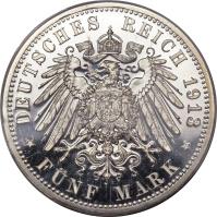 reverse of 5 Mark - Wilhelm II - 25th Anniversary of the Reign of King Wilhelm II (1913 - 1914) coin with KM# 536 from German States. Inscription: DEUTSCHES REICH 1913 * FÜNF MARK *