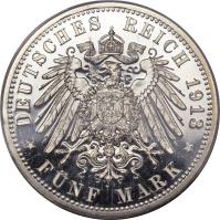 German States coin 5 Mark - Wilhelm II - 25th Anniversary of the Reign of King Wilhelm II (1913 - 1914) reverse reverse of 5 Mark - Wilhelm II - 25th Anniversary of the Reign of King Wilhelm II (1913 - 1914) coin with KM# 536 from German States. Inscription: DEUTSCHES REICH 1913 * FÜNF MARK *