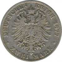 reverse of 2 Mark - Wilhelm I (1876 - 1884) coin with KM# 506 from German States. Inscription: DEUTSCHES REICH 1876 * ZWEI MARK *