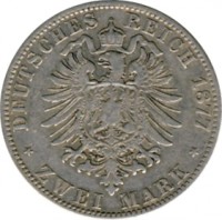 German States coin 2 Mark - Wilhelm I (1876 - 1884) reverse reverse of 2 Mark - Wilhelm I (1876 - 1884) coin with KM# 506 from German States. Inscription: DEUTSCHES REICH 1876 * ZWEI MARK *